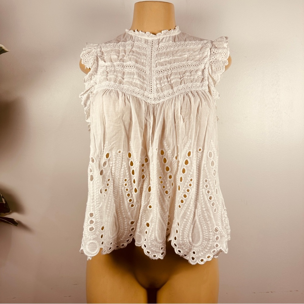 Zara Eyelet Sleeveless Top Sz XS White Cotton Lace Shirt Blouse